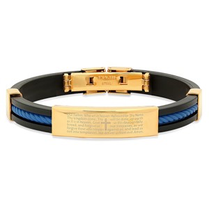 Steeltime Men's 18k gold plated stainless steel our father prayer black rubber bracelet. Color Options: Black, Blue, Red, Orange, Brown - 1 of 3