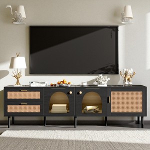 Rattan TV Stand with 3 Cabinets & 2 Drawers, Rattan-inspired Media Console Table for TVs up to 80'', LED Light Entertainment Center - 1 of 4