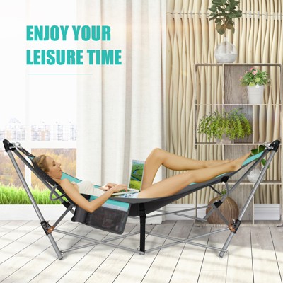 Turquoise Folding Hammock with Iron Stand and Side Pocket
