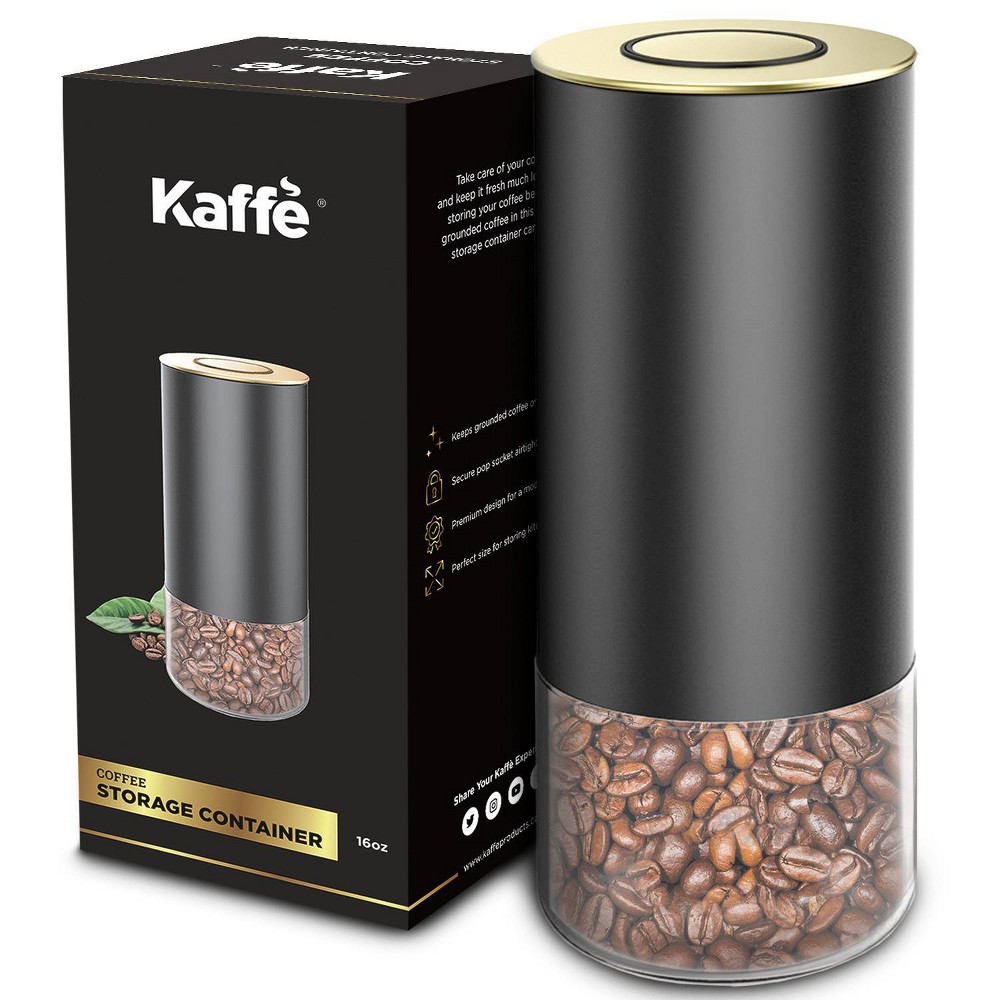 Photos - Food Container Coffee Storage Container - Round - Black/Gold - 16 oz: Airtight Coffee Canister, Coffee Bean Holder, Metal & Glass, Hand Was