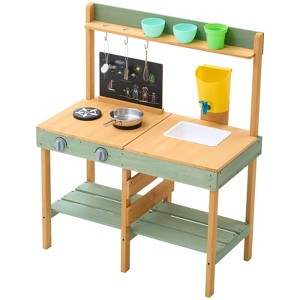 VEVOR Mud Kitchen for Kids, Wooden Toy Play Kitchen Set, Pretend Play Kitchen with Planter Box, Stoves, Tank, Faucet, Blackboard, Wood Color - 1 of 4