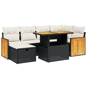 vidaXL 7 Piece Patio Sofa Set with Cushions Black Poly Rattan - Black and Cream without Storage - 1 of 4