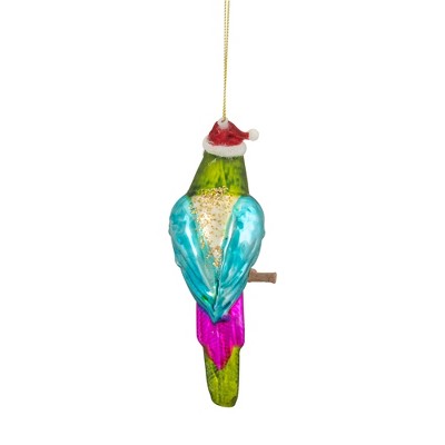 6.25" Green and Blue Parrot with Santa Hat Glass Ornament