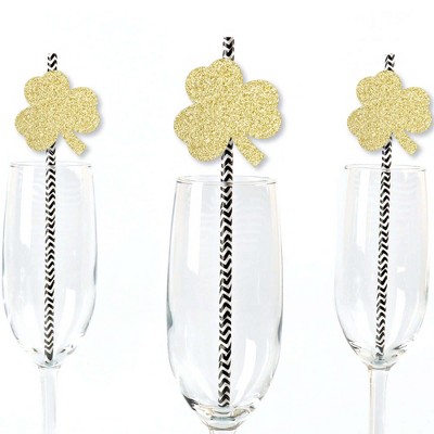 Big Dot of Happiness Gold Glitter Shamrocks Party Straws - No-Mess Real Glitter Cut-Outs & Decorative St. Patrick's Day Party Paper Straws - Set of 24