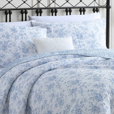 Blue and White Cotton Reversible Floral Quilt Set