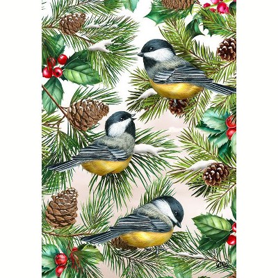 Winter Chickadees Polyester Garden Flag with Pinecones and Berries