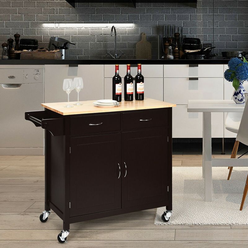 Costway Modern Rolling Kitchen Island Cart Wood Top Storage Trolley with Storage Drawers, 5 of 11