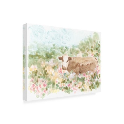 Cow Meadow Watercolor Canvas Art with Wood Frame
