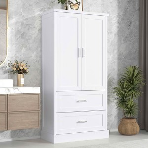 MAYEERTY Tall Bathroom Cabinet 2 Doors Drawers Adjustable Shelf MDF White - 1 of 4