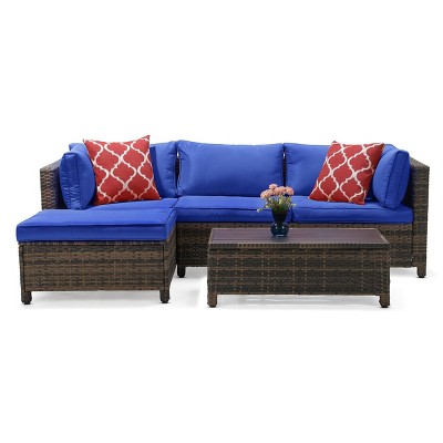 3pc Wicker Patio Sectional Seating Set with Cushions - Blue - EDYO LIVING