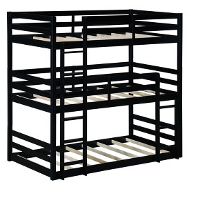 Bellemave Twin Over Twin Over Twin Triple Bunk Bed for 3 Kids,Solid Wood Twin Size Bunk Beds with Two Built-in Ladders,Detachable,Black - 1 of 3