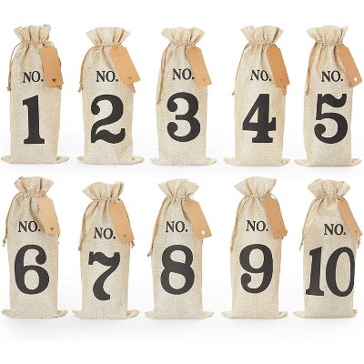 Sparkle and Bash 10-Pack Burlap Wine Tasting Kits, Party Favor Bags with Drawstring & Tags, Number 1-10, 14" x 6"