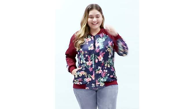 Agnes Orinda Women's Plus Size Zipper Raglan Sleeves Floral Bomber Jacket, 2 of 8, play video