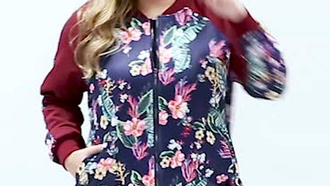 Agnes Orinda Women's Plus Size Zipper Raglan Sleeves Floral Bomber Jacket, 2 of 8, play video