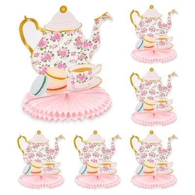 Sparkle and Bash 6 Pack Floral Teapot Honeycomb Decorations for Kids Birthday, Garden Tea Party Centerpieces for Tables, 9.8 x 11 In