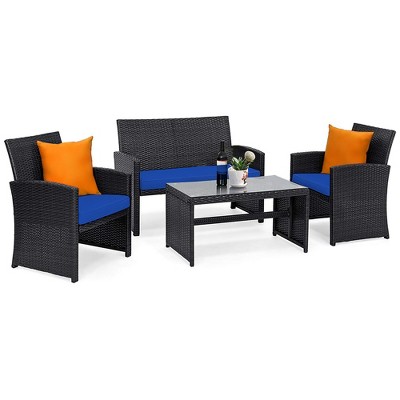 Navy Cushioned 4-Piece Black Rattan Patio Conversation Set