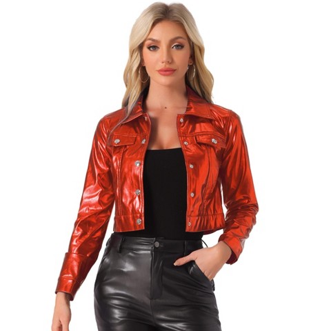 INSPIRE CHIC Women's Spread Collar Biker Holographic Button-Down Cropped Jackets Medium Red
