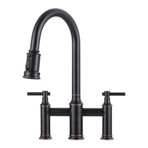 WOWOW Double Handle Bridge Kitchen Faucet with 3-Spray Patterns and 360 Degrees Rotation Spout - 1 of 4