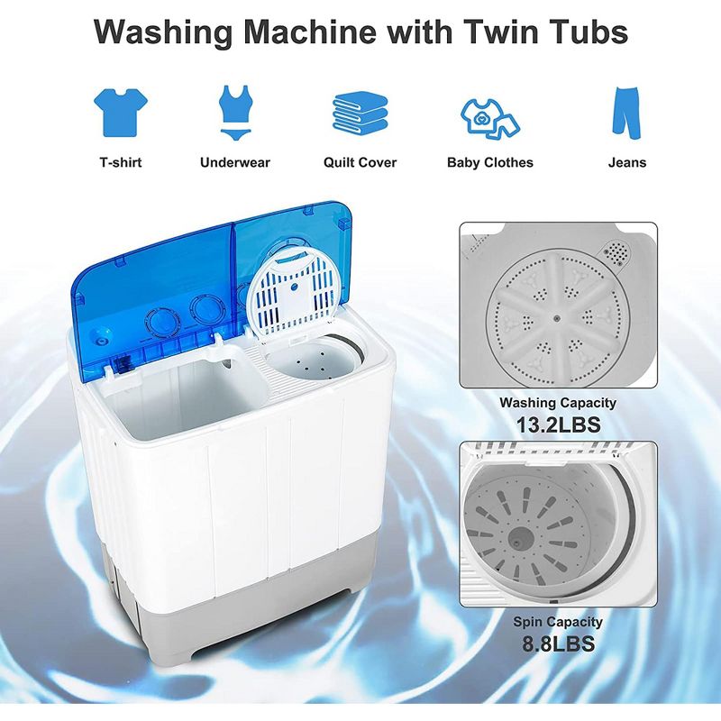Costway Portable Twin Tub Washing Machine Washer(13.2lbs) & Spinner (8.8lbs) Grey\Blue, 5 of 11
