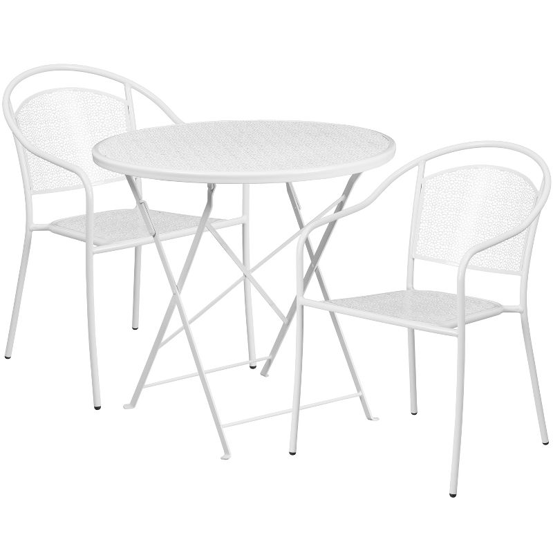 Emma and Oliver Commercial Grade 30" Round Metal Folding Patio Table Set w/ 2 Round Back Chairs, 1 of 5