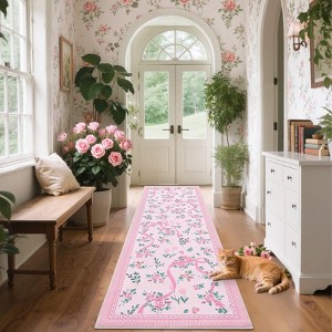 Floral Rugs for Living Room Bedroom Washable Bow Pattern Area Rug Non Slip Low Pile Indoor Home Decor Carpet - 1 of 4