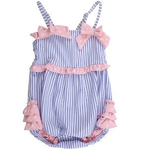 RuffleButts Baby Girls UPF50+ Seersucker One Piece Bow Bubble Romper Swimsuit - 1 of 4
