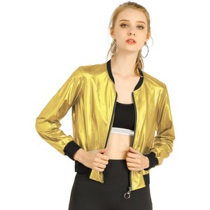 INSPIRE CHIC Women's Holographic Fashion Stand Collar Metallic Lightweight Zip Bomber Jacket - 1 of 4