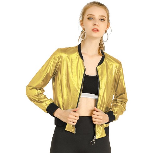 Allegra K Women's Holographic Fashion Stand Collar Metallic Lightweight Zip  Bomber Jacket Gold Small