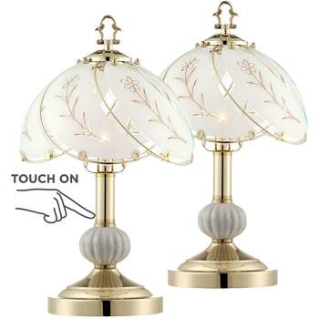 Regency Hill Traditional Accent Table Lamp 15" High Set of 2 Polished Brass Etched Glass Shade Touch On Off Bedroom House Bedside
