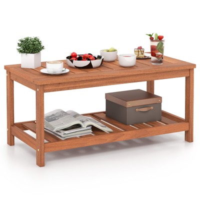 Natural Hardwood 2-Tier Outdoor Coffee Table with Slatted Shelf