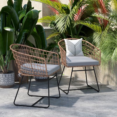 Natural Rattan Rope Patio Chair with Gray Cushions