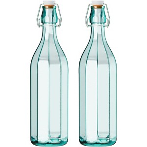 Amici Home Italian Recycled Green 25 oz Faceted Hermetic Glass Bottles, Set of 2 - 1 of 4