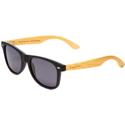 Coyote Eyewear Woodie Polarized Sunglass with Natural Wood Temples, Black/Bamboo/Red Mirror