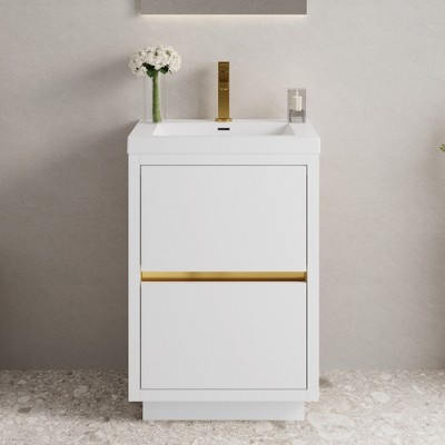 GlasFlength Bathroom Storage Cabinets, Freestanding, Open shelving Bathroom Vanity，Assembly Required, White, 23.6"*19.75"*35.5"