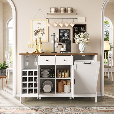 Coffee Bar & Buffet with Wine Racks, Hidden-Trash Multi-Functional Cabinet, Rustic White
