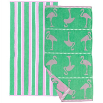 2pk Summer Printed Cotton Beach Towels - Great Bay Home (2 Pack - 30" x 60", Flamingo Green / Pink)