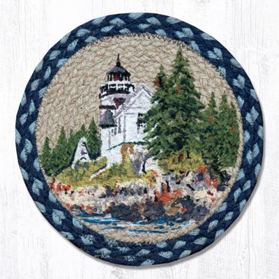 Earth Rugs Round Jute Trivet 10"x10" – Bass Harbor Lighthouse Print with Coastal Braided Design