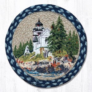 Earth Rugs Round Jute Trivet 10"x10" – Bass Harbor Lighthouse Print with Coastal Braided Design - 1 of 3