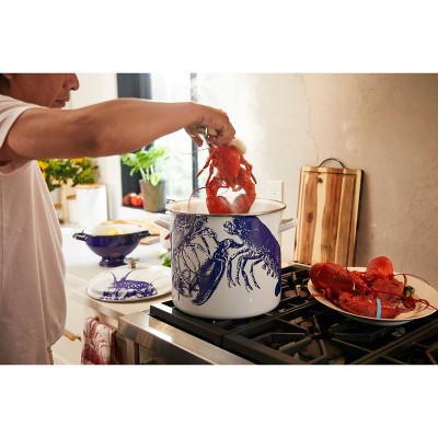 Blue Coastal Enamel Steel Stockpot with Lobster Print, 16 Qt.