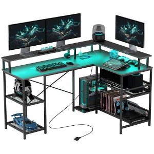 59" L Shaped Desk with Storage, Corner Desk with LED Lights and Power Outlets for Home Office, Small Space - 1 of 4