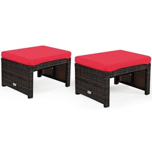 Tangkula 2 PCS Outdoor Wicker Ottoman Patio Rattan Furniture Metal Footrest Seat Square Footstool with Cushion - 1 of 4