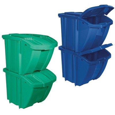 Suncast Stackable Recycling Containers with Lids, Green (2 Pack) & Blue (2 Pack)