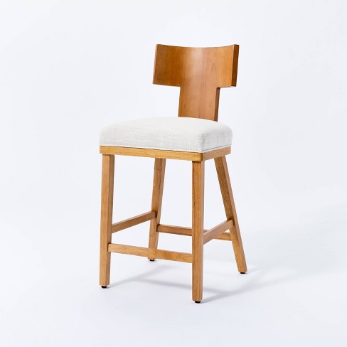 Salduro Sculptural Wood Counter Height Barstool with Upholstered Seat Linen - Threshold™ designed with Studio McGee - image 1 of 4