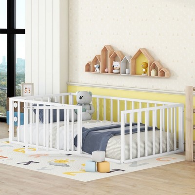 CAVINAS Twin Size Wood Montessori Bed,Modern Floor Bed Frame with Guardrails and Door,Toddler Bed for Bedroom