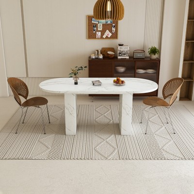 Oval Dining Table for 6 with Wood Strip Base, Farmhouse Kitchen Pedestal Dining Room Table for Living Room, Bedroom or office-Tanpinhause