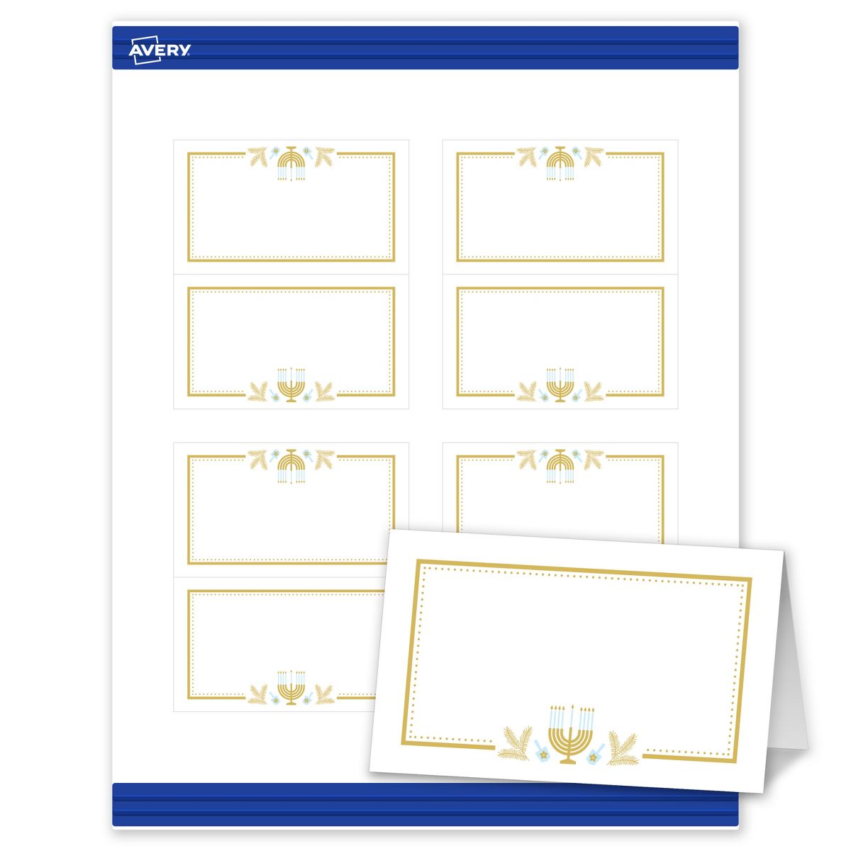 Avery® Tent Cards, 2" x 3.5", Matte, Gold Menorah Frame, 80