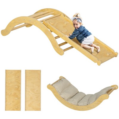 INFURNIC Baby Activity Gyms 4-in-1 Pikler Climbing Set with Arch Ramp and Cushion for Toddlers, Brown, 66.1"*19.5"*15.6"