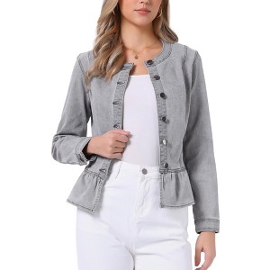 INSPIRE CHIC Women's Peplum Collarless Round Neck Button Down Cropped Ruffle Hem Denim Jackets - 1 of 4