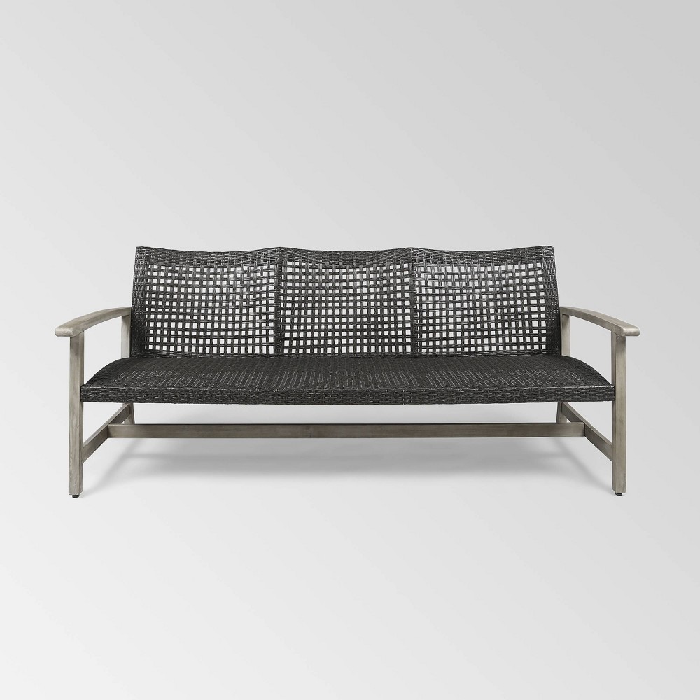 Photos - Garden Furniture Hampton Wood & Wicker Sofa - Light Gray/Black - Christopher Knight Home