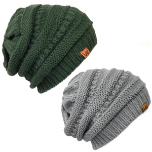 Wrapables Slouchy Winter Beanie Cap Hat Set of 2, Hunter Green and Grey - 1 of 4